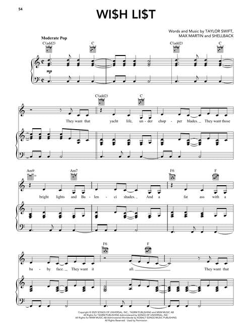 Taylor Swift- The Life of a Showgirl for Piano Vocals and Guitar