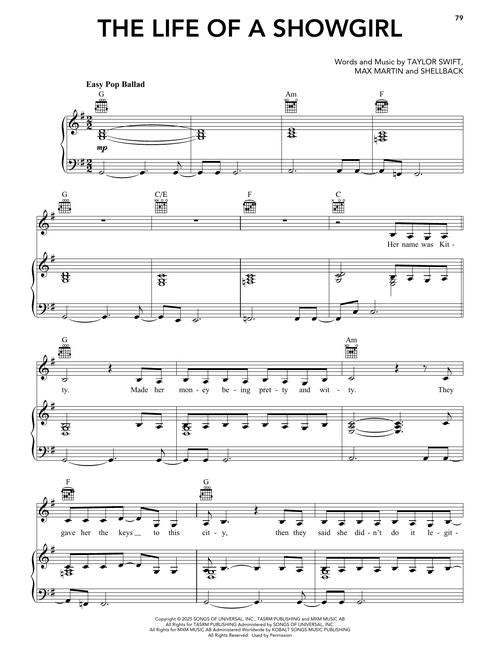 Taylor Swift- The Life of a Showgirl for Piano Vocals and Guitar