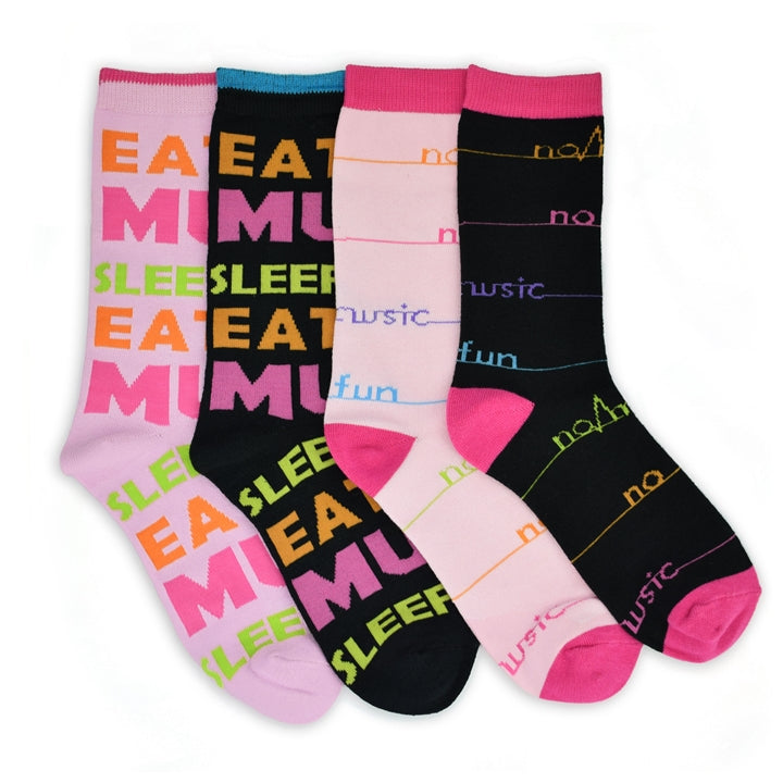 'No Music No Fun' 'Eat Sleep Music' Mid-Calf Socks 4 Pak