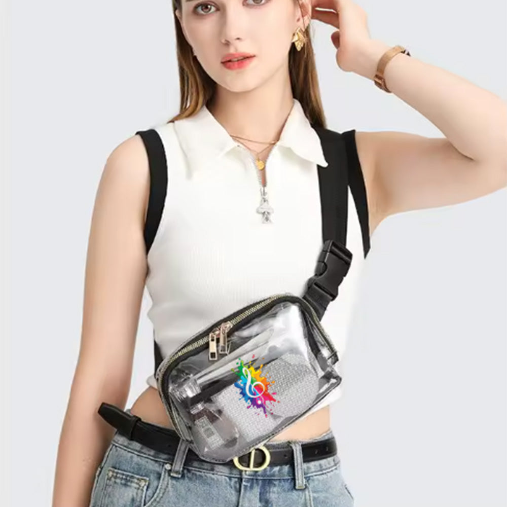 Woman wearing a transparent waist bag with a colorful rainbow design on a white background