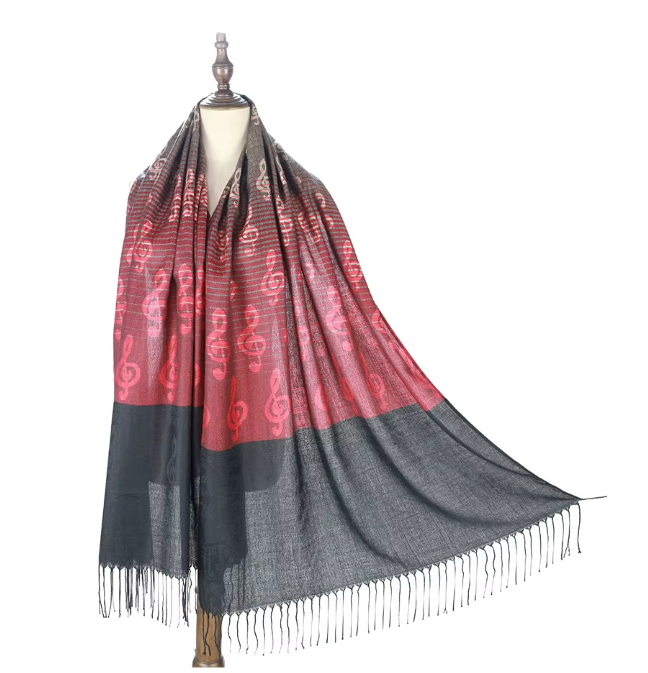 Rouge Red Pashmina Scarf  with Treble Clefs