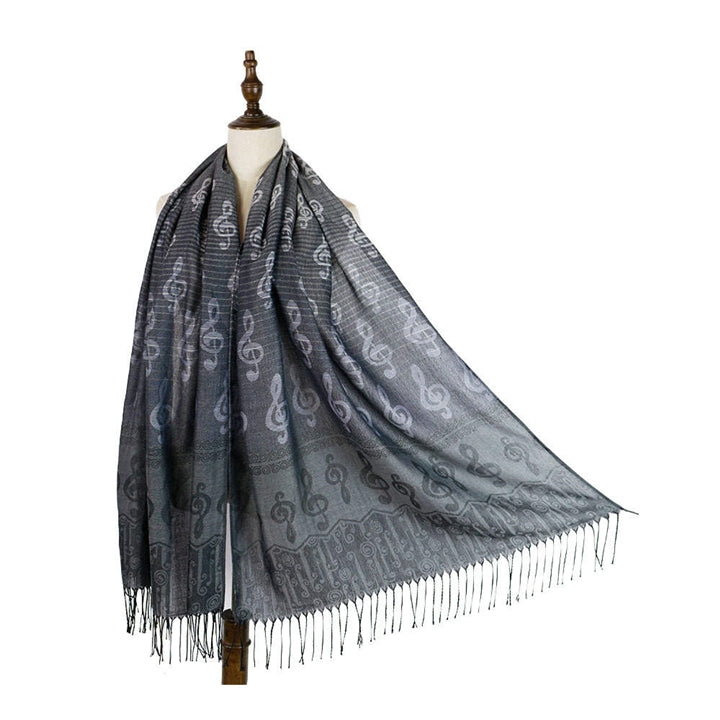 Satin Silver Pashmina Scarf with Treble Clefs