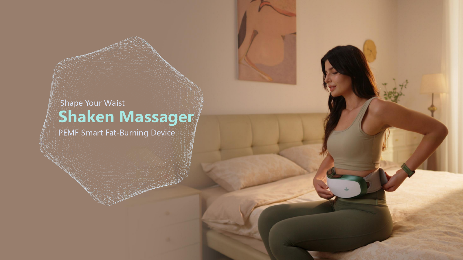 Woman using a 'Shaken Massager' on her waist in a bedroom setting